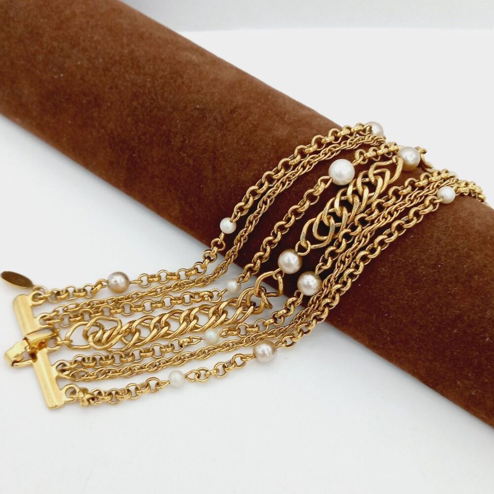 Kenneth J Lane Vintage 7-Strand Chain and Faux Pearl Bracelet